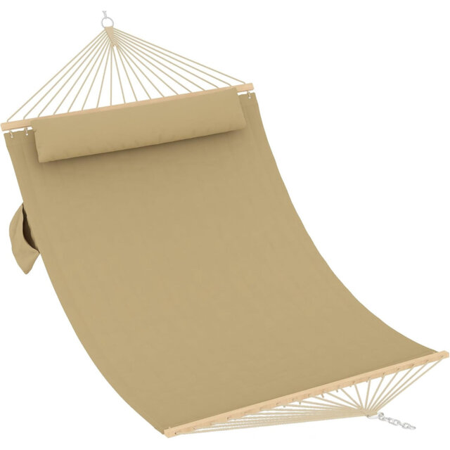12FT Quilted Fabric Hammock for 2 with Detachable Pillow - Heavy Duty 450lb Capacity, Spreader Bar & Comfort Lounging for Garden & Patio