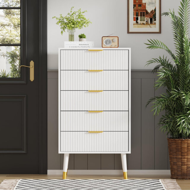 5 Drawer Dresser for Bedroom, Modern Closet Dressers Chest of Drawers, Storage Dresser Chest Cabinet Organizer Unit, Small Fluted Nightstand for Bedro