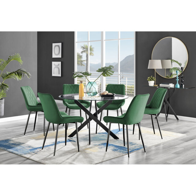 Tierra Modern Chrome Metal & Glass Round Dining Table Set with 6 Luxury Faux Leather Chairs
