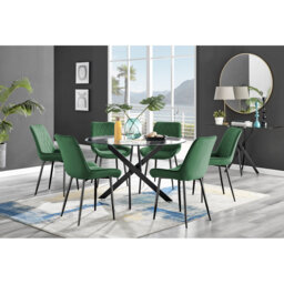 Tierra Modern Chrome Metal & Glass Round Dining Table Set with 6 Luxury Faux Leather Chairs