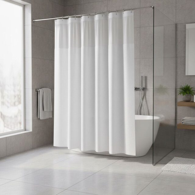 "No Hook Shower Curtain With Snap In Liner Set Waffle Shower Curtain Fabric Waterproof Inner Liner 71"" W X 74"" H White"