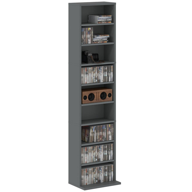 Grey Media Storage Tower with 6 Adjustable Shelves & 9 Compartments, Holds 260 CDs, 120 DVDs & Blu-rays, Freestanding CD Storage Shelving for Living R