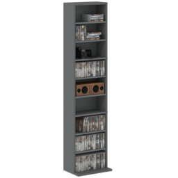 Grey Media Storage Tower with 6 Adjustable Shelves & 9 Compartments, Holds 260 CDs, 120 DVDs & Blu-rays, Freestanding CD Storage Shelving for Living R