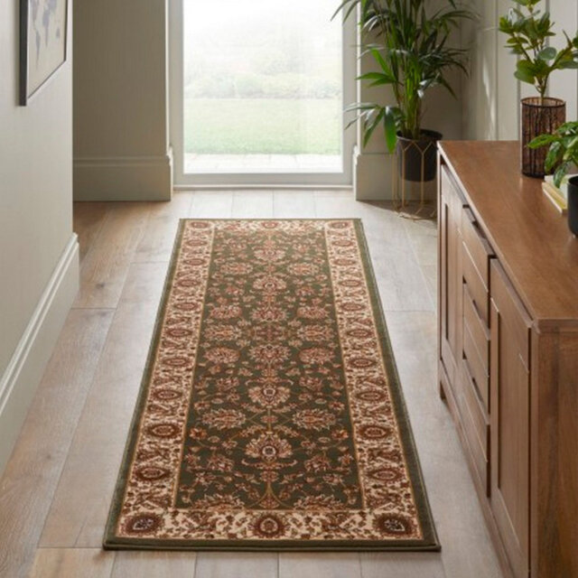 Green Traditional Bordered Floral Rug For Bedroom, Dining Room, Stain Resistant Modern Rug