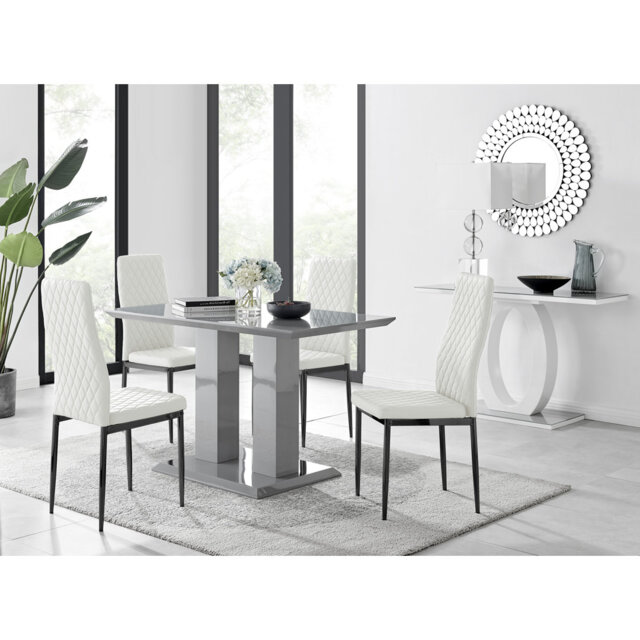 Eubanks Double Pedestal High Gloss Dining Table Set with 4 Luxury Faux Leather Dining Chairs