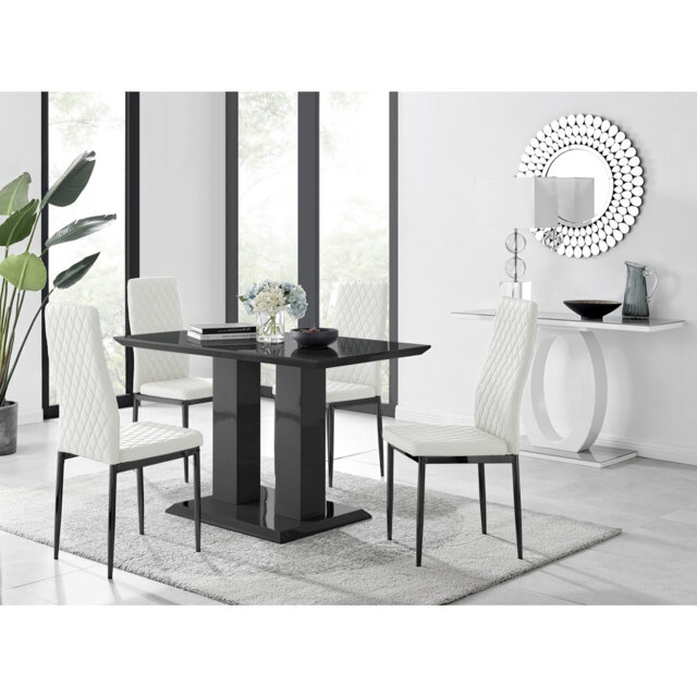 Eubanks Double Pedestal High Gloss Dining Table Set with 4 Luxury Faux Leather Dining Chairs