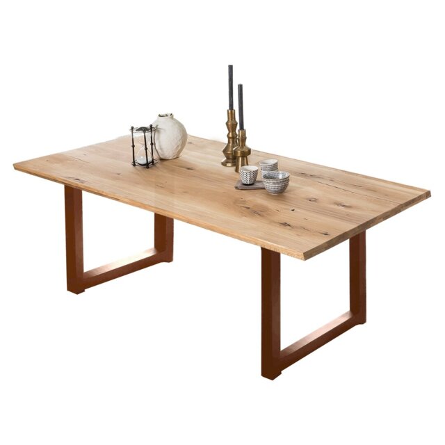 Meadow Oak Solid Wood Top Metal Base Dining Table