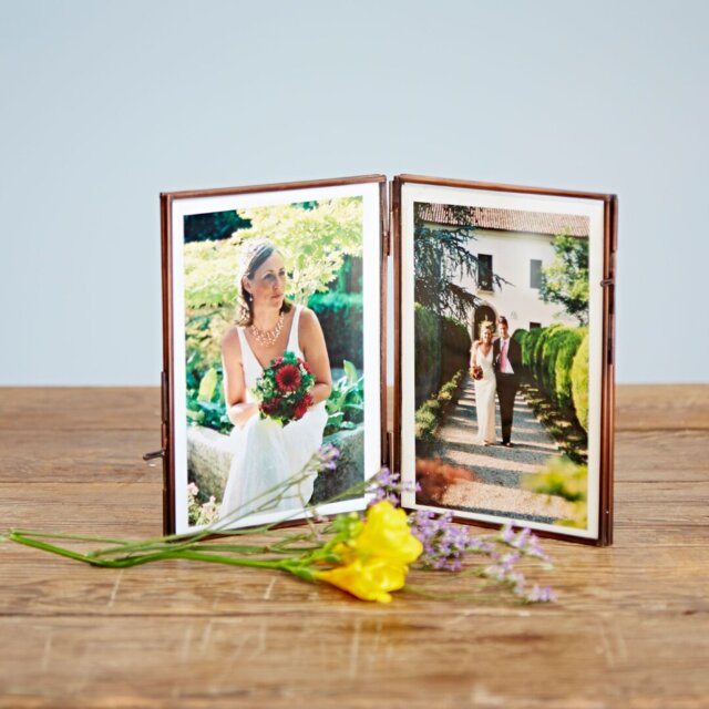 Antique Brass Recycled Glass Folded Double Photo Frame