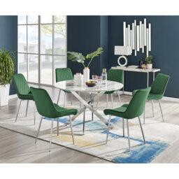 Tierra Modern Chrome Metal & Glass Round Dining Table Set with 6 Luxury Faux Leather Chairs