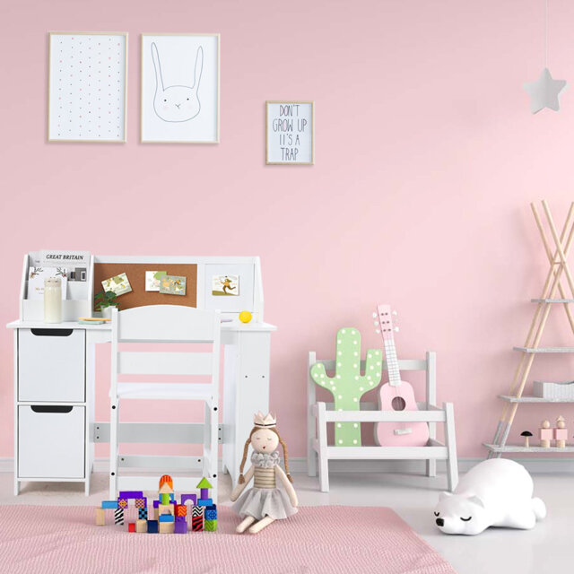 Kids Desk and Chair Set, Wooden Study Table with Storage, Hutch and Bulletin Board, White