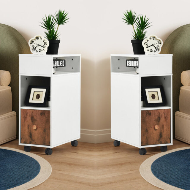Narrow Bedside Table Set Of 2, Wooden Bedside Table With Drawer And Open Compartment, Slim Bedside Cabinet With Wheels For Bedroom, Living Room, Or Of