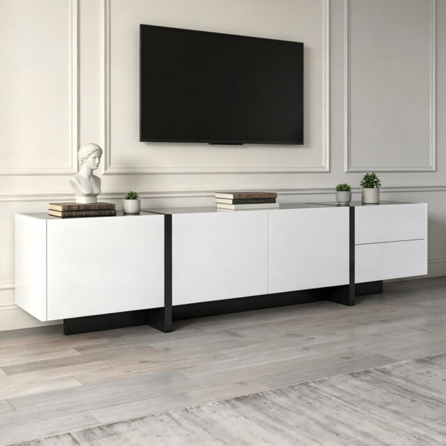 Wetherly White High Gloss TV Stand with Black Metal Legs, Modern Media Console Unit for Living Room