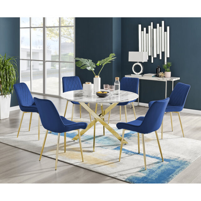 Tierra Modern Chrome Metal & Glass Round Dining Table Set with 6 Luxury Faux Leather Chairs