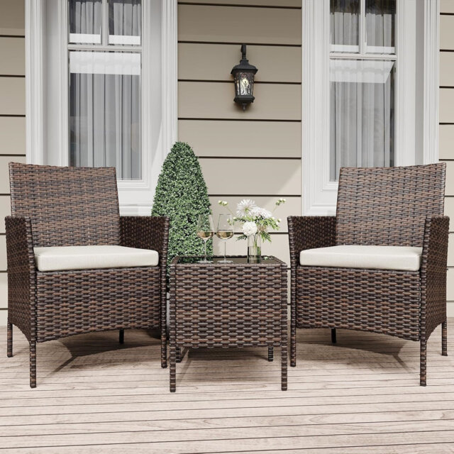 3 Pieces Patio Furniture Set, Rattan Outdoor Furniture with 2 Upholstered Chairs and Coffee Table, Conversation Bistro Set for Garden, Backyard, Porch