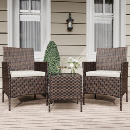 3 Pieces Patio Furniture Set, Rattan Outdoor Furniture with 2 Upholstered Chairs and Coffee Table, Conversation Bistro Set for Garden, Backyard, Porch