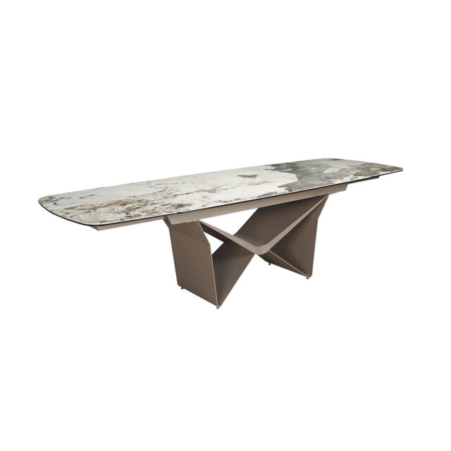 Oval extending dining table oval barrel porcelain marble and taupe metallic steel
