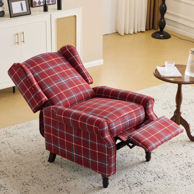 Solid Wood Upholstered Relaxing Recliner, Reclining Linen Armchair for Living Room, Bedroom