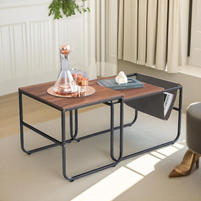 Aisea Rustic 2 Piece Nest of Tables with Magazine Rack Side End Sofa Tables Living Room