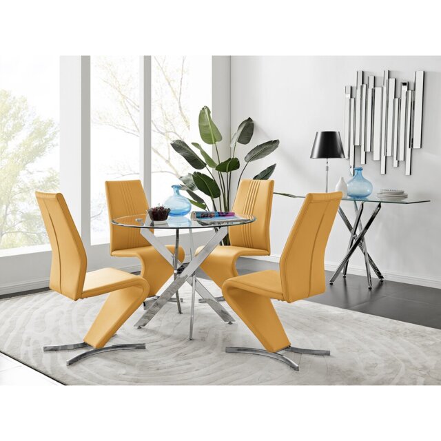 Tierra Modern Chrome Metal & Glass Round Dining Table Set with 4 Modern Design Faux Leather Chairs