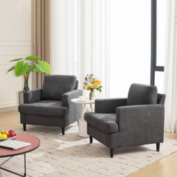 Comfortable Mid-Century Accent Armchairs Set – Linen Upholstered, High-Resilience Cushion, Solid Wood Legs, Single Sofa Chairs for Living Room or Bedr