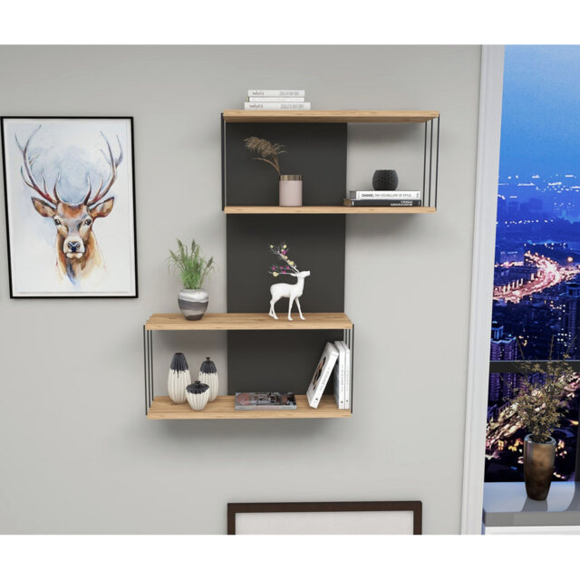 Modern Wall Shelf, Anthracite & Oak, 65 x 95 x 20 cm, 100% Melamine Coated Particle Board, Thickness: 0 cm, Numerous Shelves for Storage, Wall-Mounted