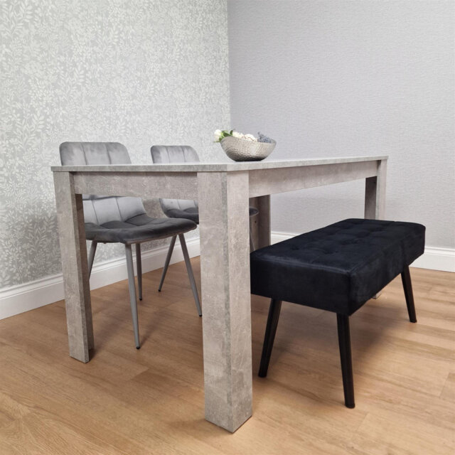Dining Table Set with 2 black   Velvet Chairs and black velvet paded Bench, Stone Grey Effect Wood Table