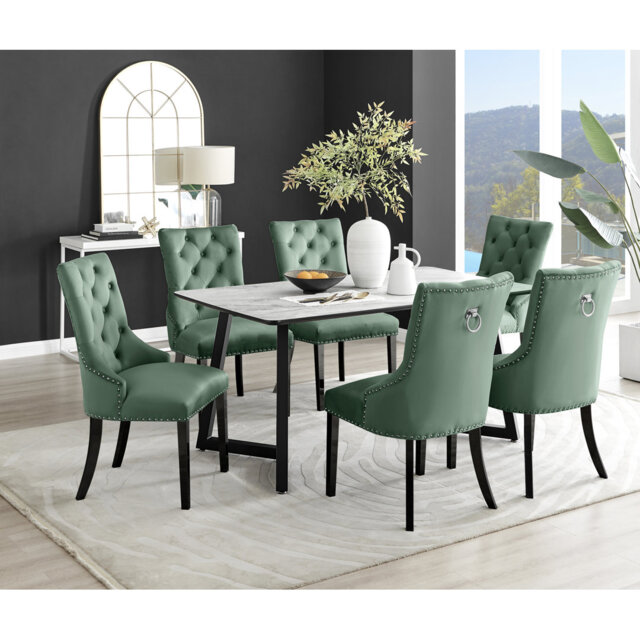 Industrial Design White & Grey Marble Effect Melamine Dining Table Set with 6 Button Velvet Chairs