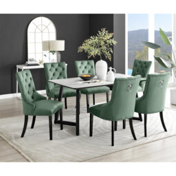 Industrial Design White & Grey Marble Effect Melamine Dining Table Set with 6 Button Velvet Chairs