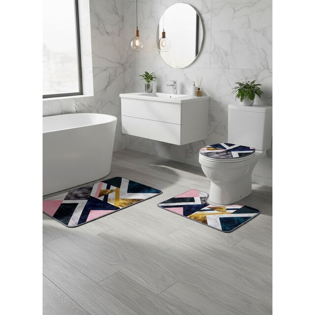 Modern Navy & Blush Geometric 3-Piece Bathroom Rug Set: Gold-Accented Abstract Non-Slip Bath Mat, Rug, and Lid Cover
