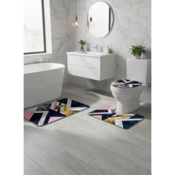 Modern Navy & Blush Geometric 3-Piece Bathroom Rug Set: Gold-Accented Abstract Non-Slip Bath Mat, Rug, and Lid Cover