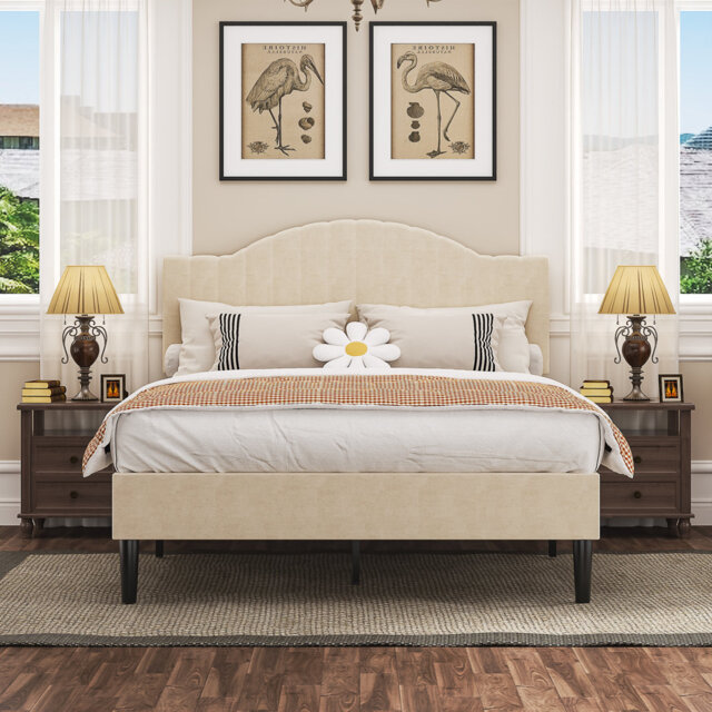 Double Size Upholstered Bed Frame, Modern Platform Bed With Adjustable Velvet Fabric Headboard, Wood Slat Support, No Box Spring Needed, Beige