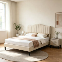 Double Size Upholstered Bed Frame, Modern Platform Bed With Adjustable Velvet Fabric Headboard, Wood Slat Support, No Box Spring Needed, Beige