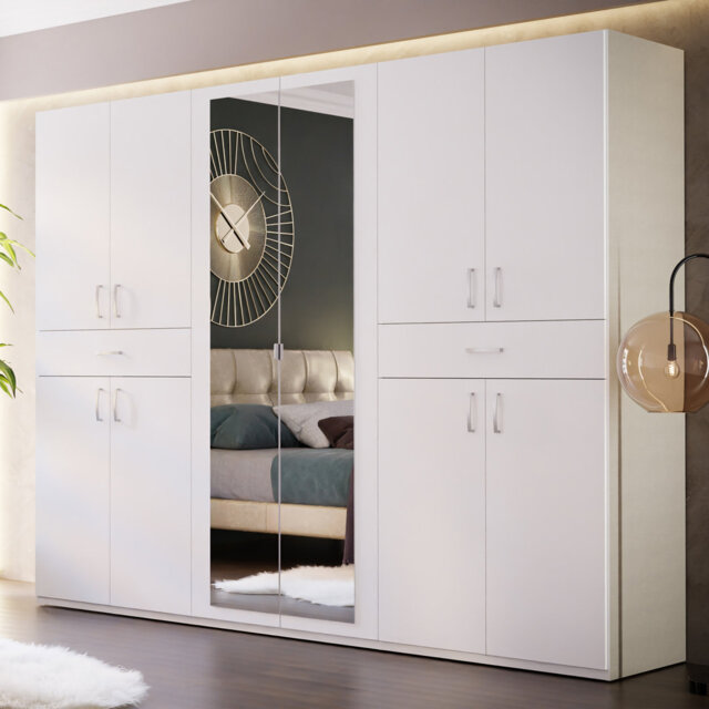 Modern, spacious wardrobe with 10 doors and 2 drawers, clothing rails and sheving, engineered wood, matte white, 269.7 cm W x 210.5 cm H x 54 cm D