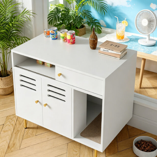 80cm Hidden Litter Box Furniture with Storage, White Cat Litter Box Enclosure End Table with Side Entry, Ventilated Cat Litter Cabinet for Small and L