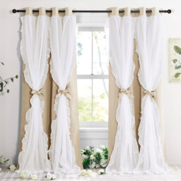 Beige Curtains Decorative Double Layer Curtains with Ruffle Sheer Overlay 52 x 84 inch, 2 PCs
