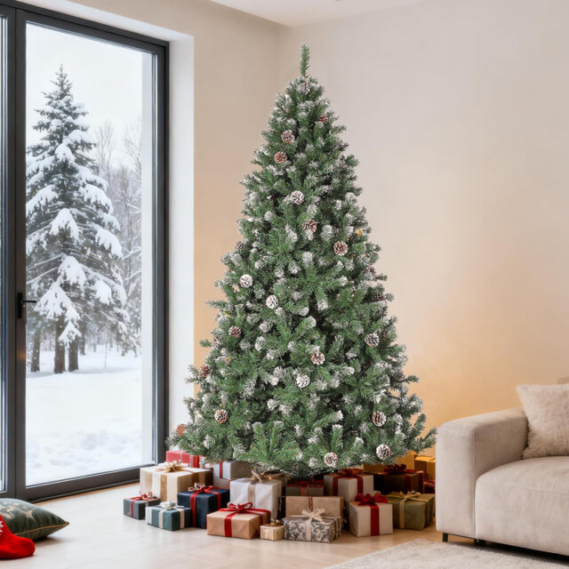 6/7.5FT Pre-Lit Artificial Christmas Tree, Snow Flocked Xmas Tree with Pine Cones & 180 Warm Lights & Bushy 788 Tips, Partially Flocked Design Spruce