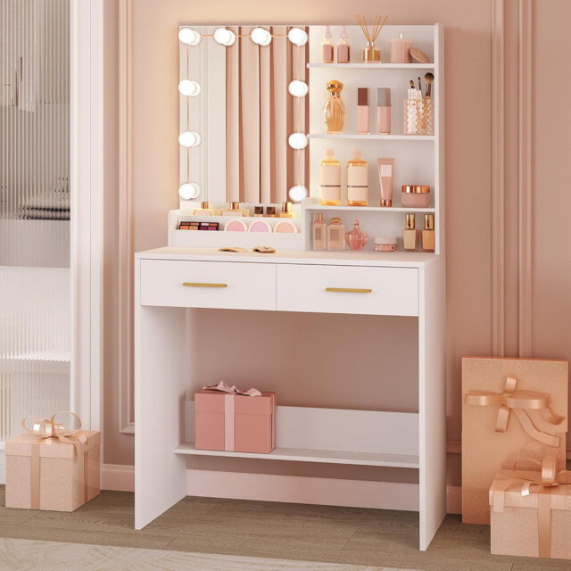 Dressing Table with LED Lighting, Adjustable Brightness, Vanity Desk with Mirror, Dresser with 2 Drawers, 4 Open Shelves and 2 Compartments, Bedroom,