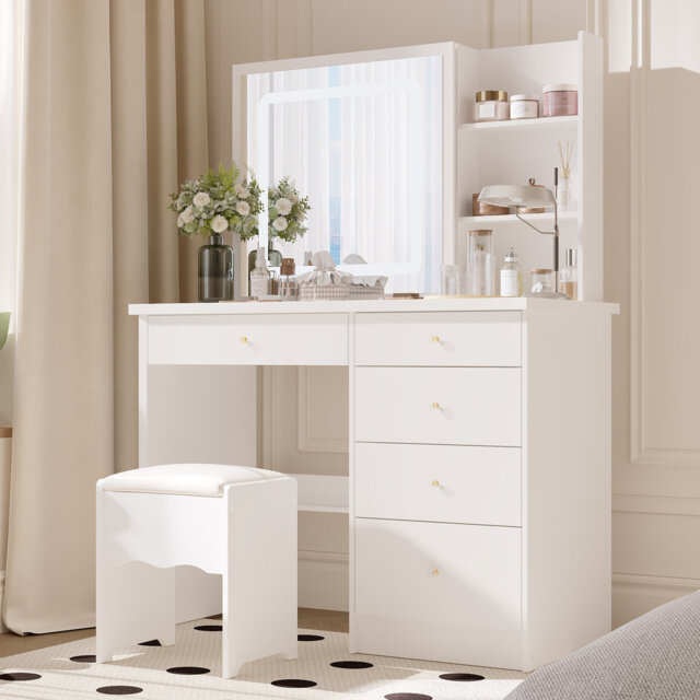 100cm Wide Dressing Table with Sliding 3-Colour LED Mirror & Hidden Storage, 5-Drawer Vanity & Stool