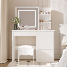 100cm Wide Dressing Table with Sliding 3-Colour LED Mirror & Hidden Storage, 5-Drawer Vanity & Stool
