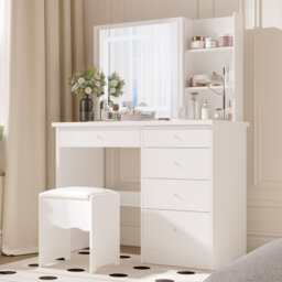 100cm Wide Dressing Table with Sliding 3-Colour LED Mirror & Hidden Storage, 5-Drawer Vanity & Stool