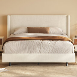 Bed Frame, Beige Fabric Bed with Padded Headboard and Wooden Slatted Base