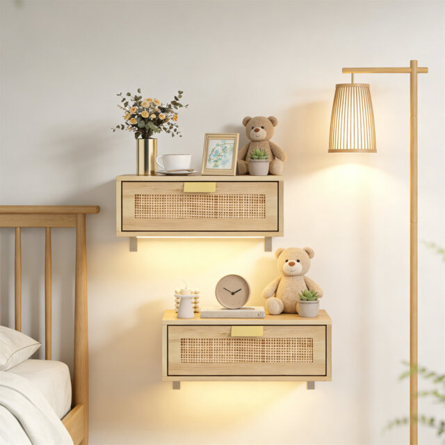 Floating Bedside Tables Set Of 2 - Wall Mounted Nightstands With Rattan Drawer & Wood Effect