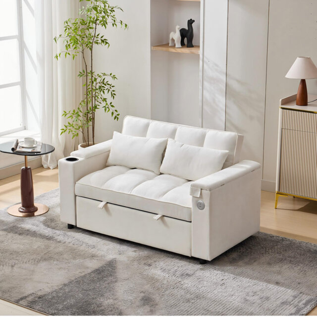 2 Seater Sofa Bed With Usb, Cup Holders And Table Grey