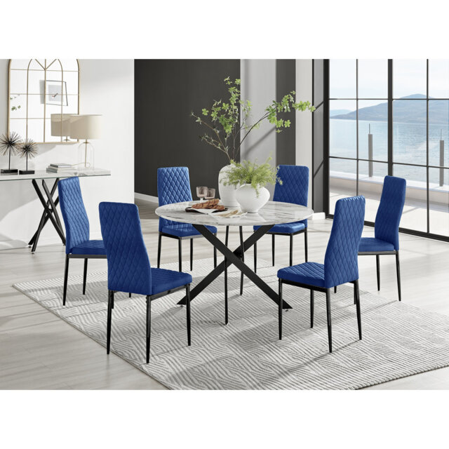 Tierra Modern Chrome Metal & Marble Effect Round Dining Table Set with 6 Quilted Velvet Dining Chairs