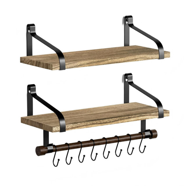 Kitchen Shelves 2-Tier Floating Wall Shelves for Kitchen, Rustic Wood Organizer with Wood Rail and 8 Removable Hooks