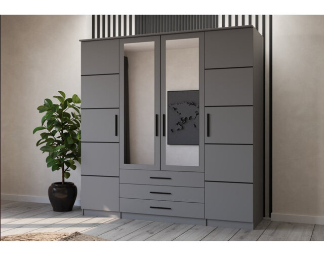 Grey Hinged Wardrobe with Mirror and Black Accents 200x210cm - Four Doors, Three Drawers