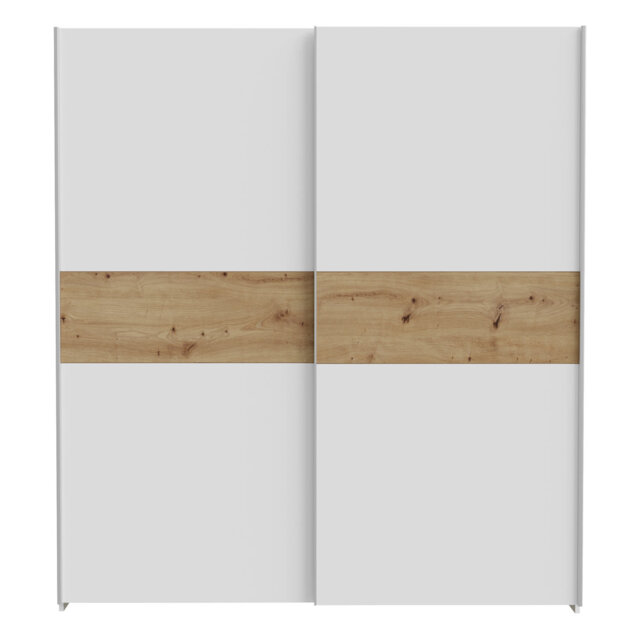 Modern wardrobe with 2 sliding doors, clothing rail and shelves, engineered wood, white/warm oak accents, 170.3 cm W x 190.5 cm H x 61.2 cm D