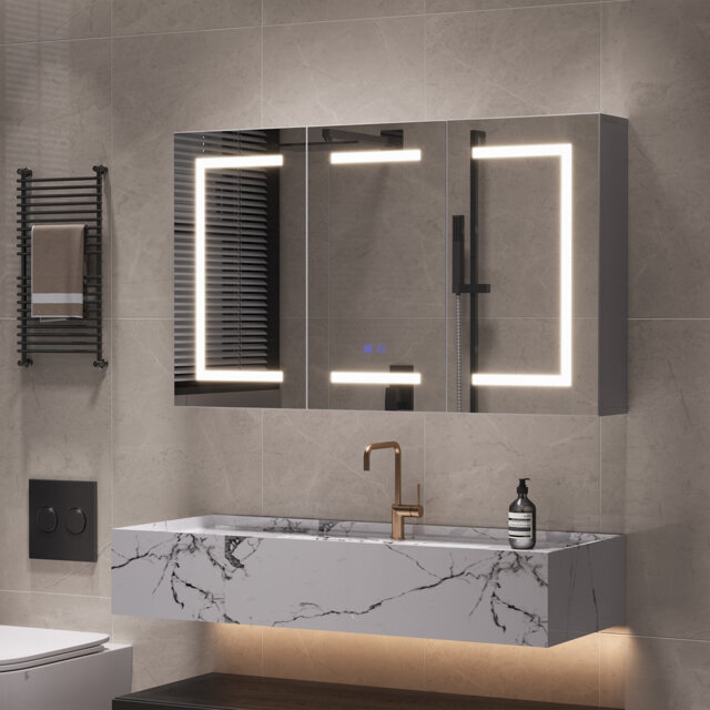 Bathroom Mirror Cabinets With LED Lights, Storage Wall-Mounted Bathroom Vanity With Mirror And 3 Doors, Medicine Cabinet With Anti-Fog And 3 Color Adj