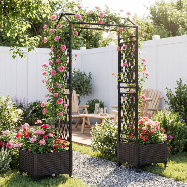 Self-Watering Planter Boxes With Trellis Tall Raised Garden Bed Archway With Lockable Wheels