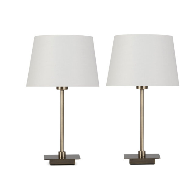 Pair (2x) Square Stick Antique Brass Metal Bedside Table Lamp